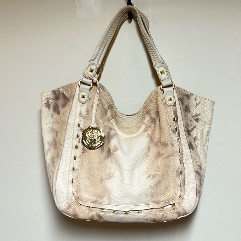 Vince Camuto Leather Embossed snakeskin Gold Fleck Studded Large Tote